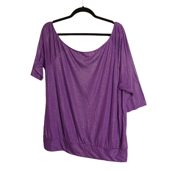TWIST TEES Purple Shimmer Glitter Boat Neck Asymmetrical Hem Top 1 (1X) - Picture 2 of 7